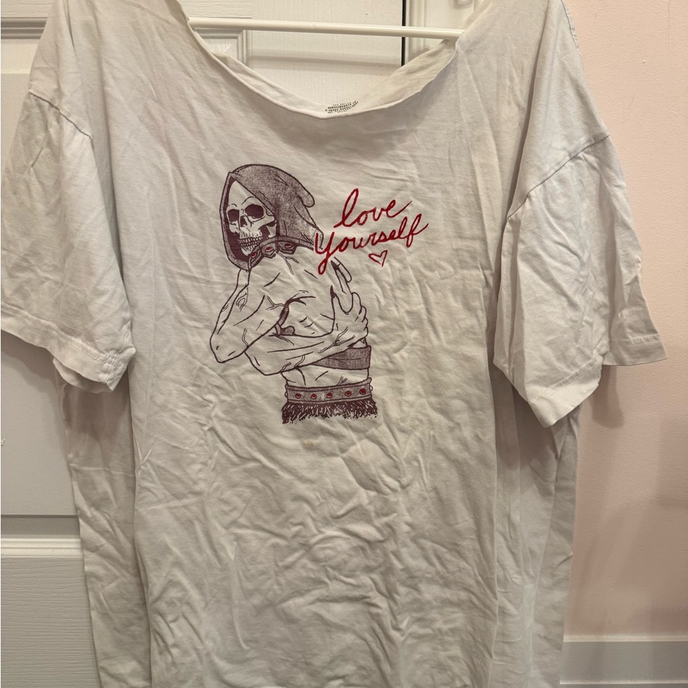 White Graphic Tee with Skull and Love Yourself Design